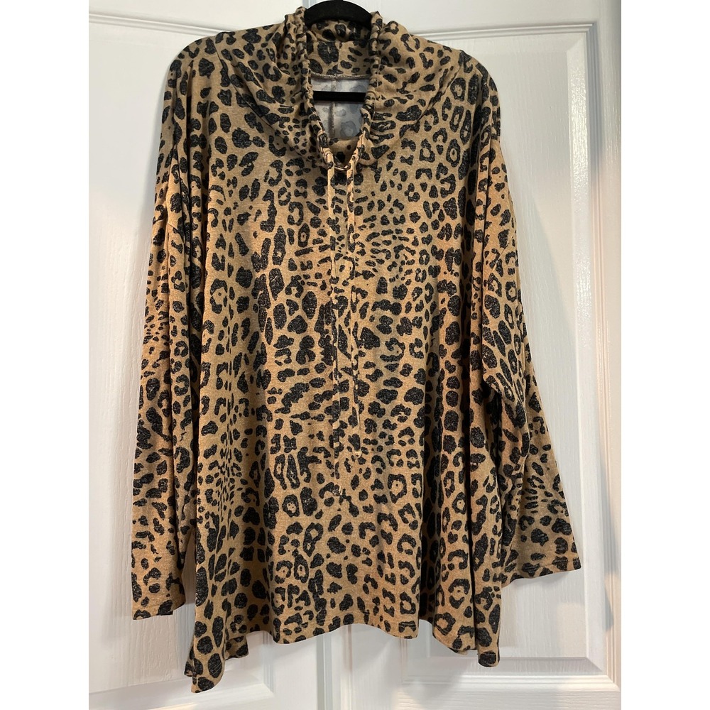 Lane Bryant Shirt Womens 26/28 Tan Black Leopard Cowl Neck Long Sleeve Plus
